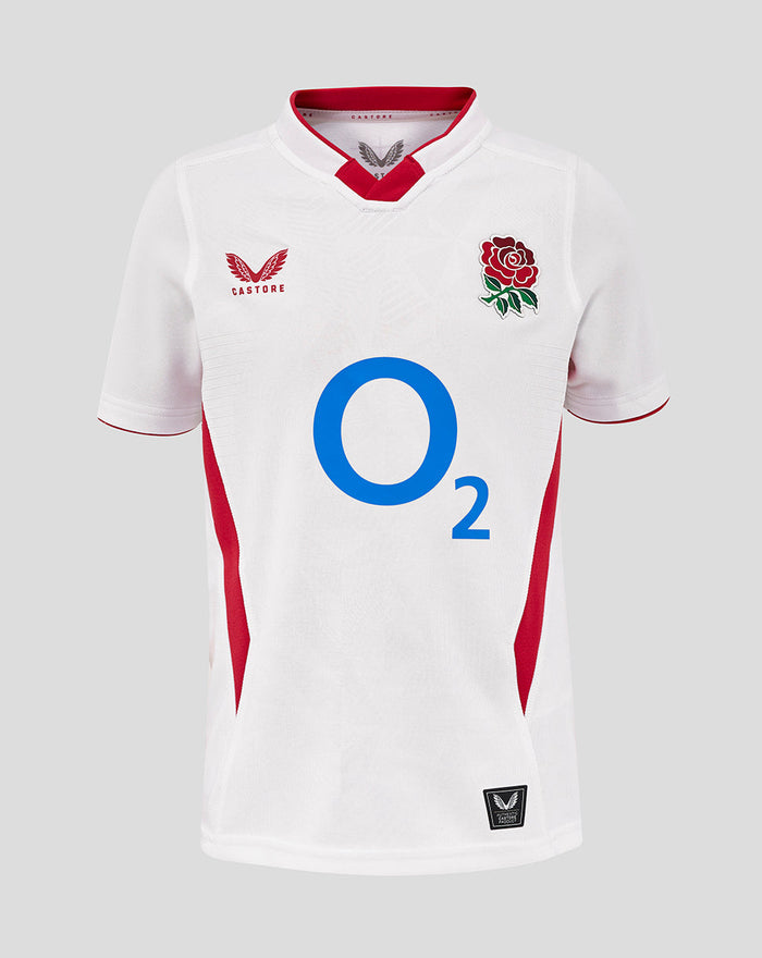 Front view of white Junior England Rugby Home Pro Shirt with central blue O2 logo, left chest Castore branding and right chest rose crest