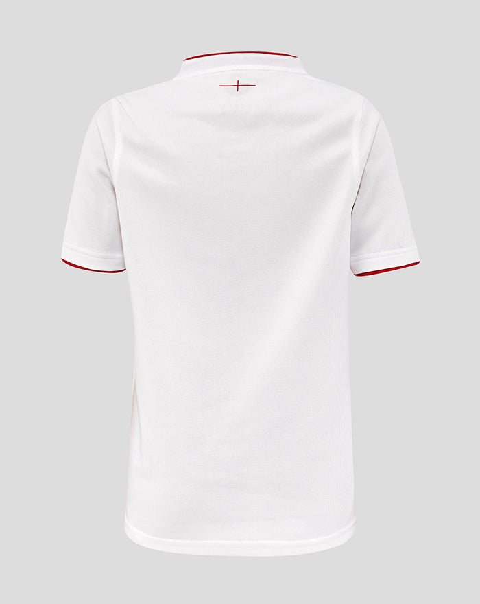 Back view of white Junior England Rugby Home Pro Shirt with red collar trim and a small red cross detail at upper back