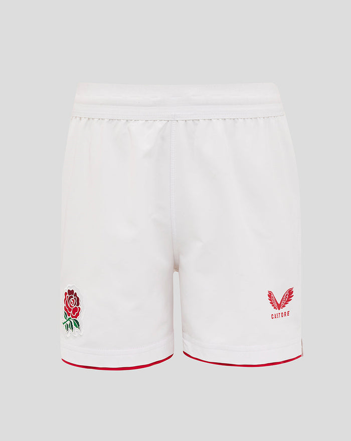 White Junior England Rugby Home Shorts with elasticated waistband red trim at hems, rose crest on left leg and Castore crest on right leg