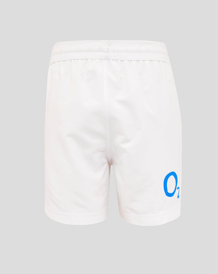 Back view of white Junior England Rugby Home Shorts with blue O2 logo on the back right thigh