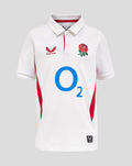 Junior England Rugby 25/26 Home Classic Short Sleeve Shirt white with rose crest Castore logo and O2 sponsor