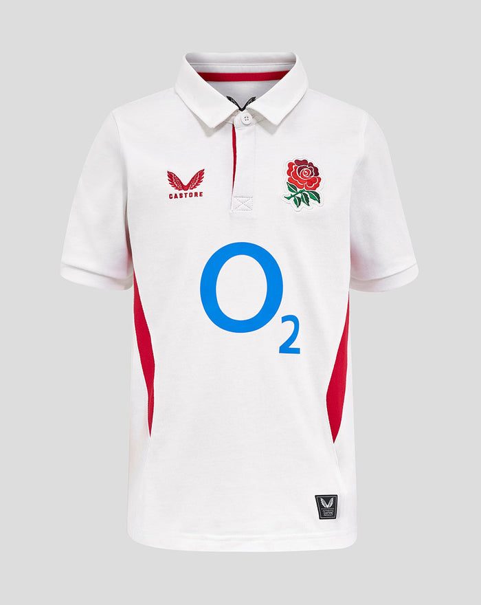Junior England Rugby 25/26 Home Classic Short Sleeve Shirt white with rose crest Castore logo and O2 sponsor