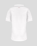 Back view of white Junior England Rugby Home Classic shirt with short sleeves and small red neck detail.