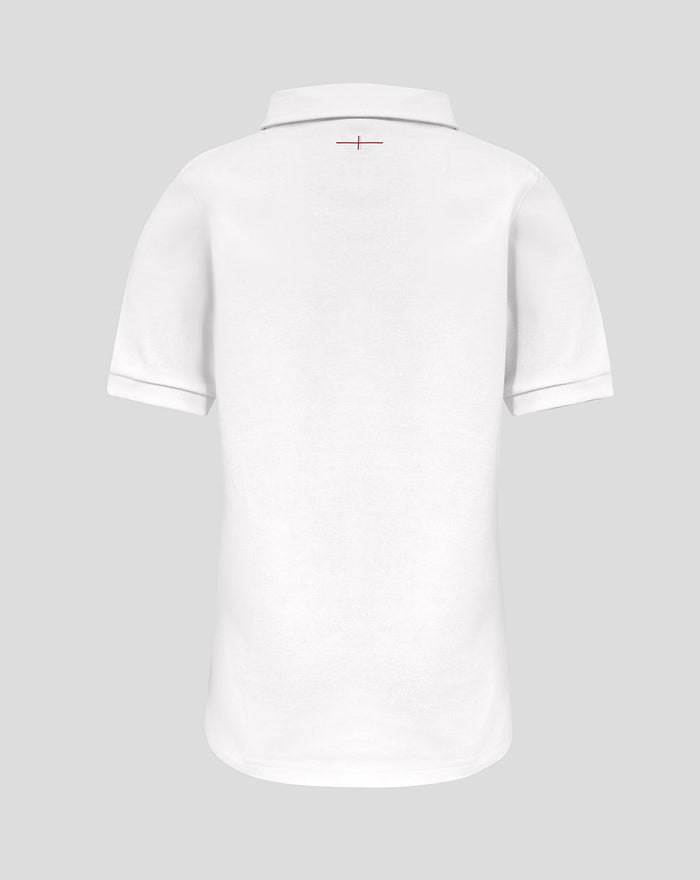 Back view of white Junior England Rugby Home Classic shirt with short sleeves and small red neck detail.