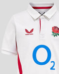 Front close up of white Junior England Rugby shirt showing collar with red trim and Castore logo with rose crest.