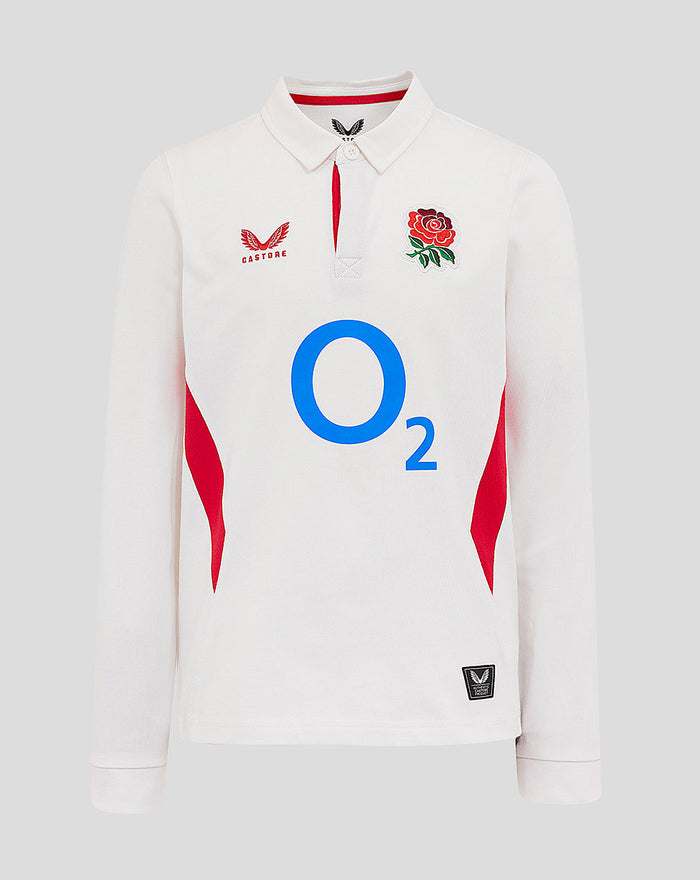 Junior England Rugby white long sleeve polo with pointed collar button closure rose crest left chest O2 logo center and red side panels.