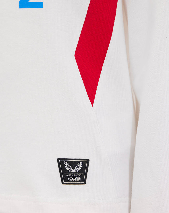 White junior England rugby long sleeve shirt with a bold red diagonal side panel and Castore product badge