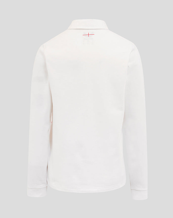 Back view of the white Junior England Rugby Home Classic long sleeve shirt with a small red cross stitch near the collar.