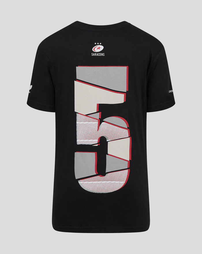Back view of black Junior Showdown 25 tee with Saracens crest near the neck and a bold geometric graphic on the chest.