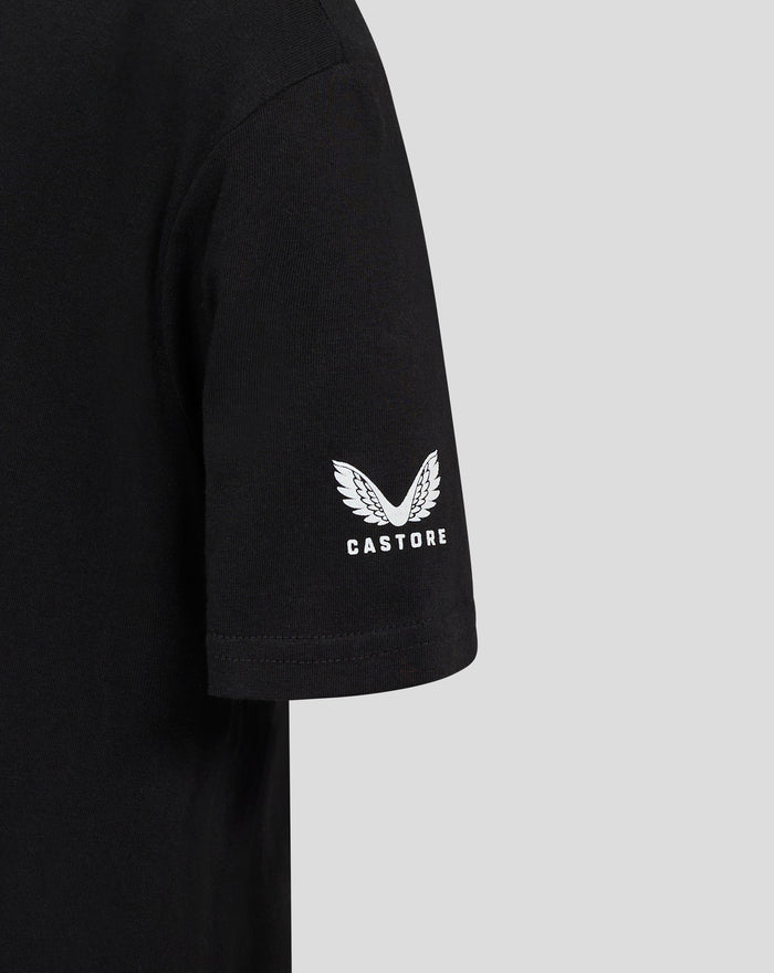 Close up of black tee sleeve featuring white wing logo and Castore lettering.