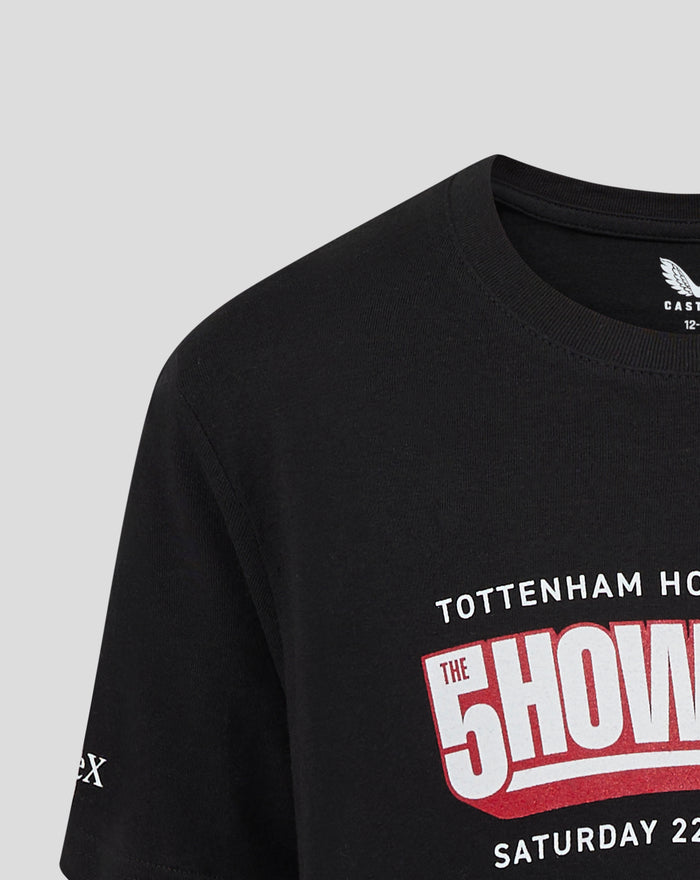 Close up of neckline on black Junior Showdown 25 tee showing Castore logo at the inner collar.