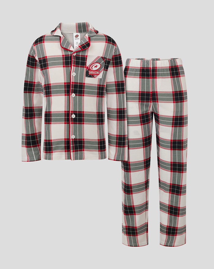 Junior Long PJ Set plaid pajamas in red white and green with button-down top and matching pants.