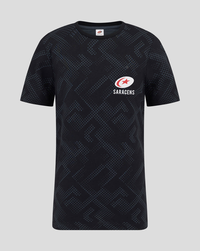 Navy junior short PJ top with blue geometric pattern and Saracens crest on the chest.