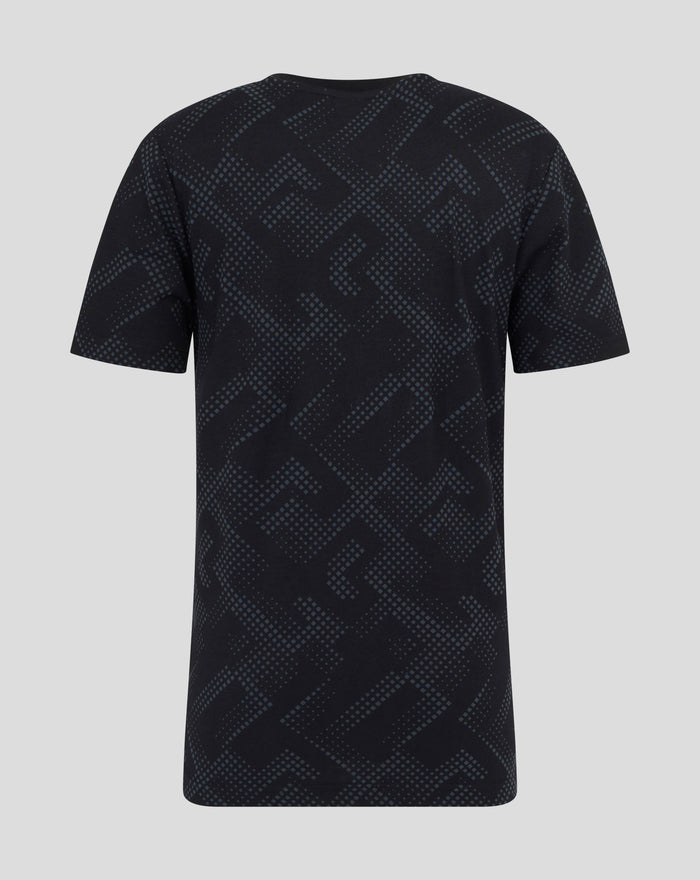 Close-up of dark navy short sleeve T shirt with blue geometric pattern and Saracens logo