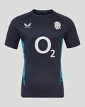 Front view of navy England contact short sleeve jersey with large O2 logo white rose crest and teal side panels