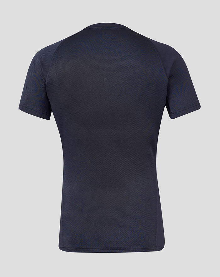 Back view of navy England contact short sleeve jersey with teal side panel