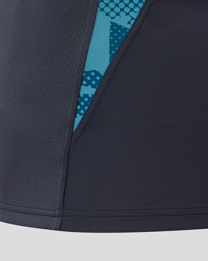 Close up of navy England Contact short sleeve jersey showing teal patterned lining through seam