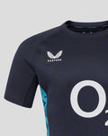 Chest of navy England jersey showing white rose crest and Castore branding with O2 logo partially visible
