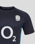 Navy England contact short sleeve jersey with white rose crest on chest and bold O2 sponsor logo