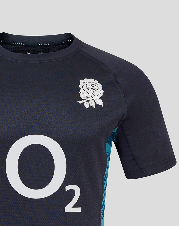 Navy England contact short sleeve jersey with white rose crest on chest and bold O2 sponsor logo