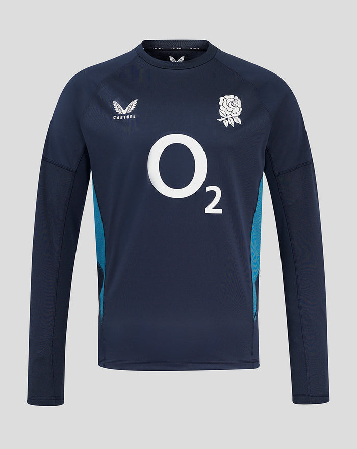 Navy England Rugby long sleeve drill top with a rose crest on the left chest, Castore logo on the right chest, and a large O2 logo center front.