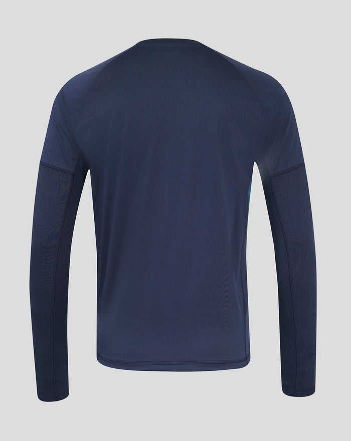 Back view of navy England Rugby long sleeve drill top showing paneling and a clean silhouette.