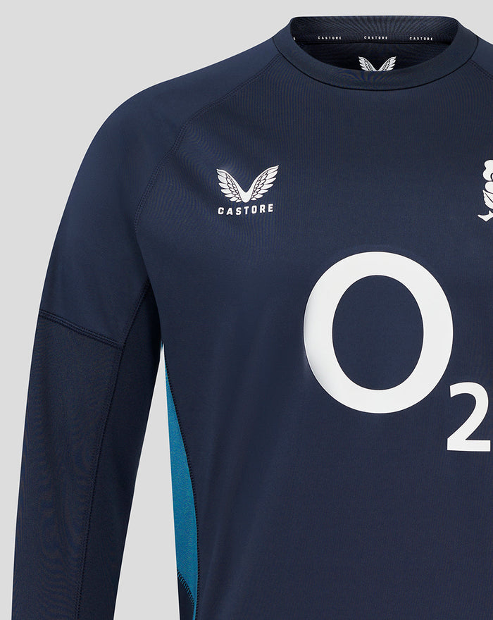 Front view of navy England Rugby drill top showing large center O2 logo and rose crest on the chest.