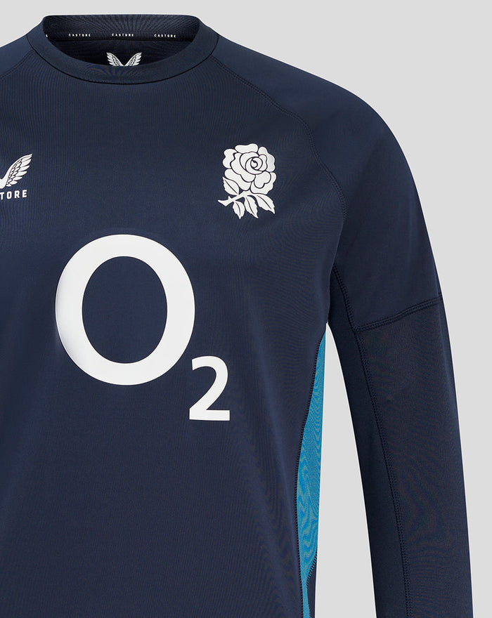 Close-up of front chest with rose crest on the left and O2 logo at center.