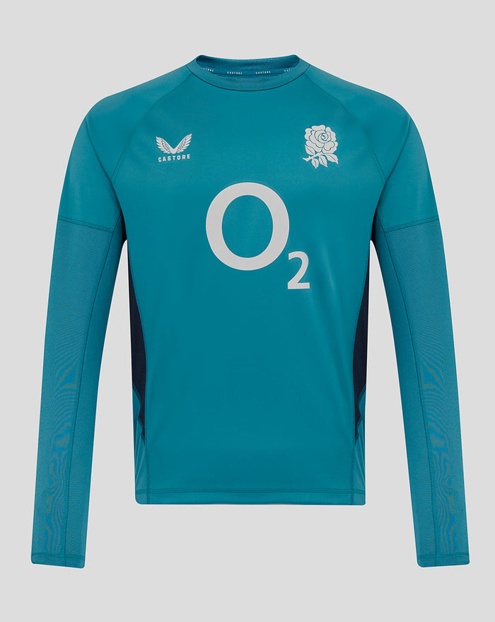 Storm blue England rugby long sleeve drill top with rose crest and sponsor logos on chest