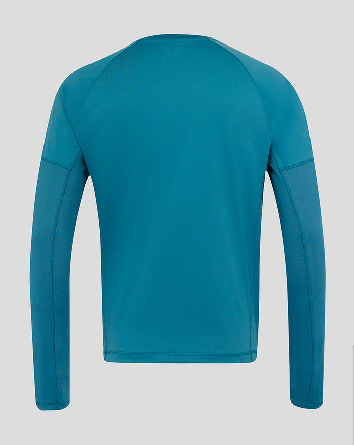 Back view of storm blue England Rugby long sleeve drill top showing subtle panel design