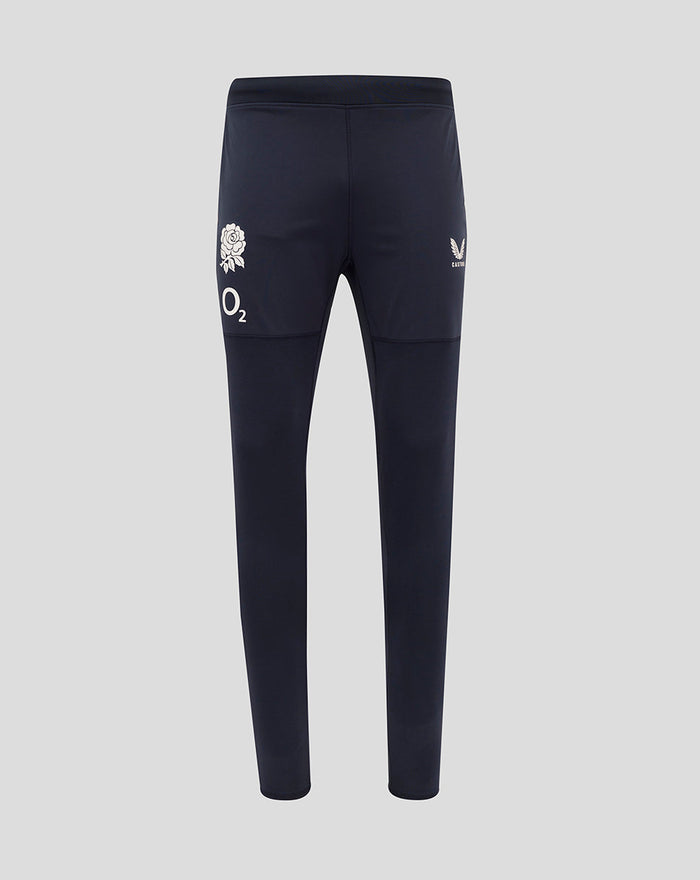 Back view of navy Men’s England Rugby drill pants with rose crest and O2 and Castore logos on the thighs