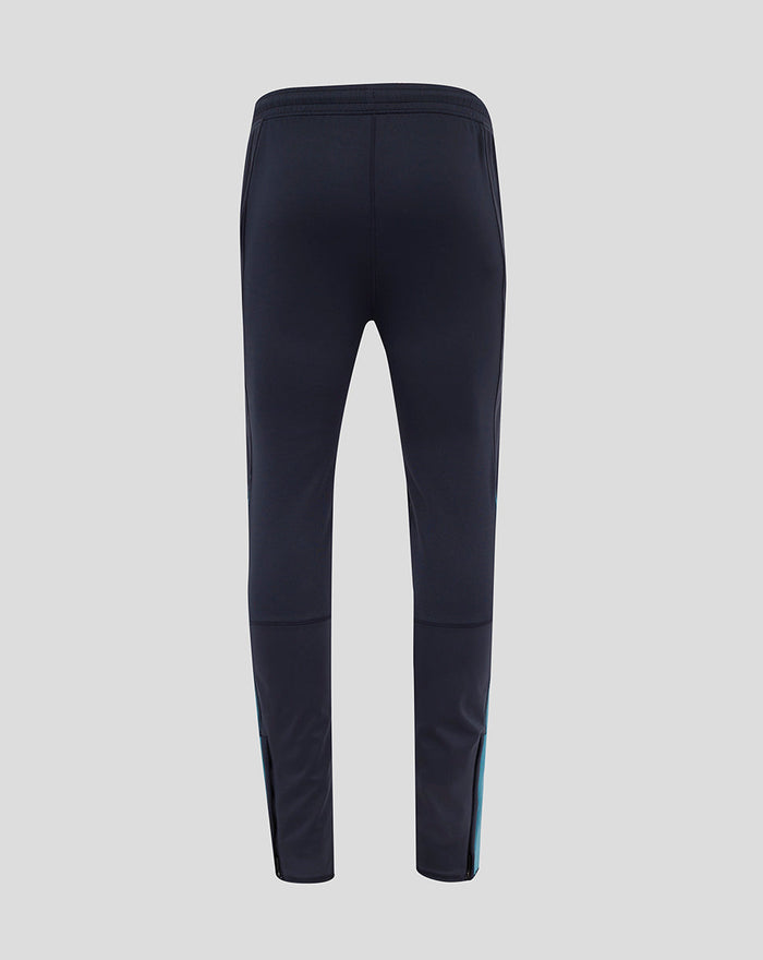 Back view of navy England Rugby drill pants with contrast turquoise panels at the lower side hems