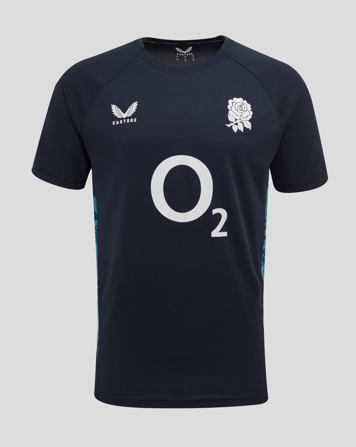 Navy Women’s England Rugby performance short sleeve T shirt with large center O2 logo, rose crest left chest and Castore logo right chest