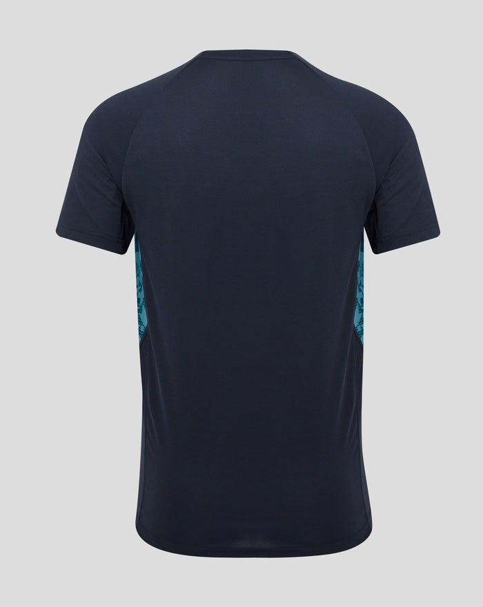 Back view of navy England Rugby performance short sleeve T shirt with subtle side panels and drop back hem