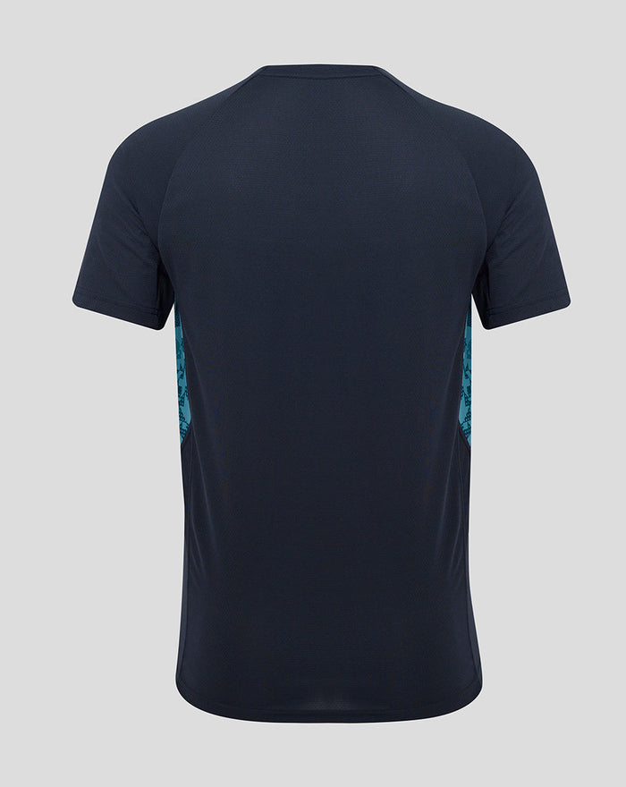 Back view of navy Inkwell England Rugby performance short sleeve T shirt with teal side panels.