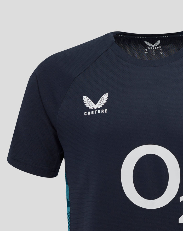 Neck area of navy England Rugby T Shirt showing Castore branding on the inside collar and a white rose graphic on the chest.