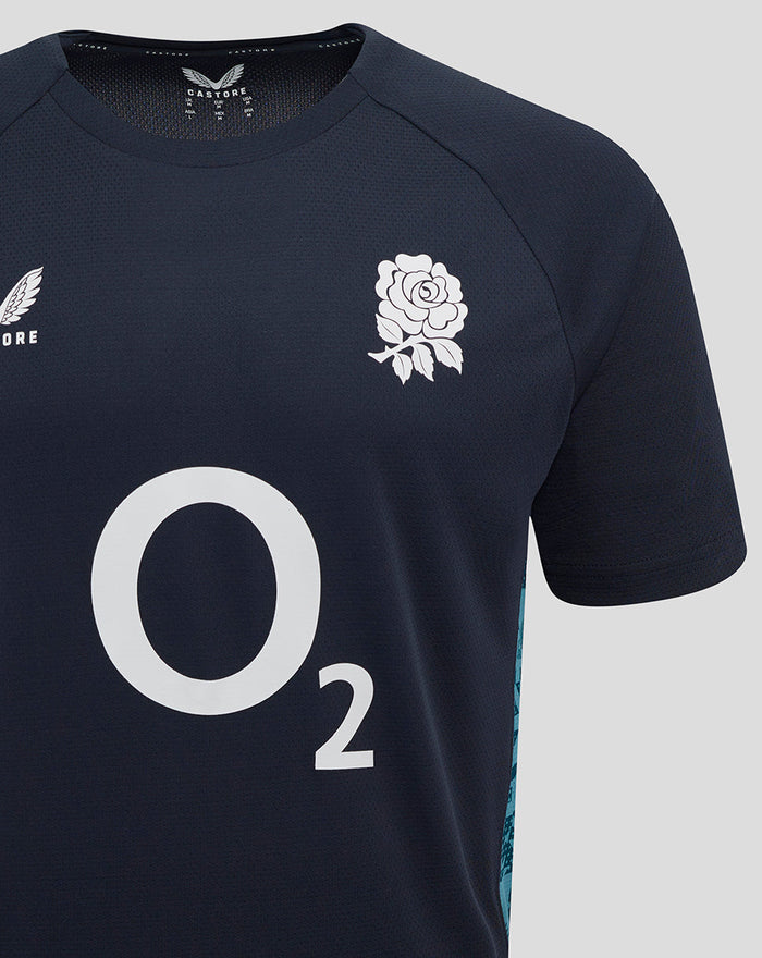 Front view of navy England Rugby performance short sleeve T shirt with center O2 logo, rose crest on chest, and Castore logo.