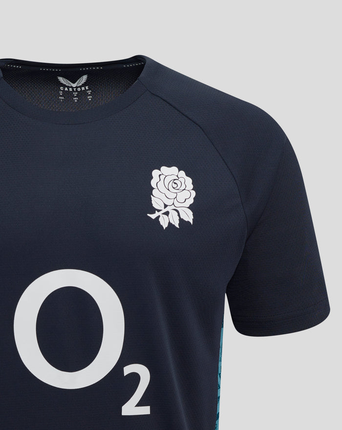 Navy England Rugby T Shirt featuring a large white rose graphic and bold number 2 on the front with turquoise side stripe.