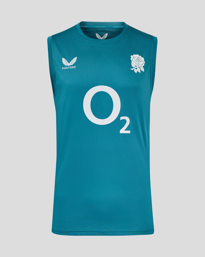Storm blue England Rugby sleeveless performance shirt front view with rose crest on left chest, large O2 logo center, and Castore logo on right chest.