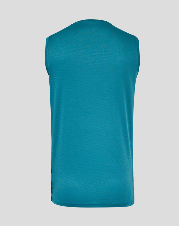 Back view of storm blue England Rugby sleeveless shirt showing plain teal fabric and subtle Castore branding near the neckline.