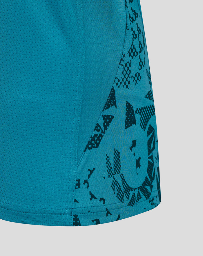 Close up of storm blue England Rugby sleeveless tee showing large O2 logo at center and side panel print.