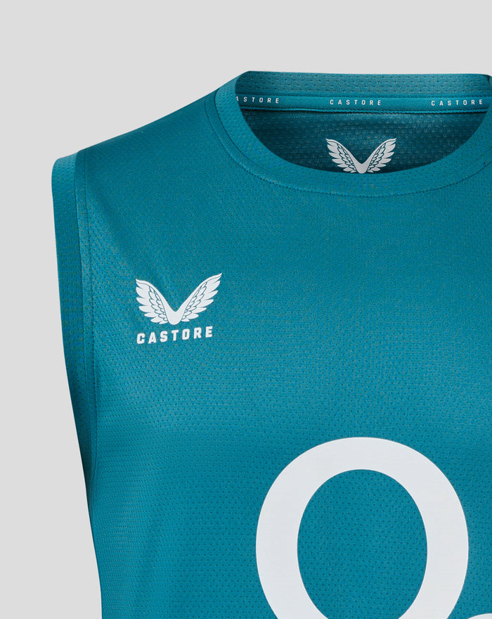 Storm blue England Rugby sleeveless tee with textured fabric, rose crest left chest, O2 center logo and Castore right chest.