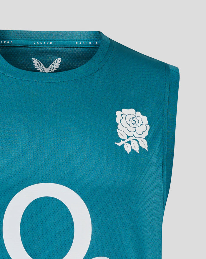 Storm blue England Rugby sleeveless shirt front featuring large O2 logo center and a white rose graphic on the right chest.