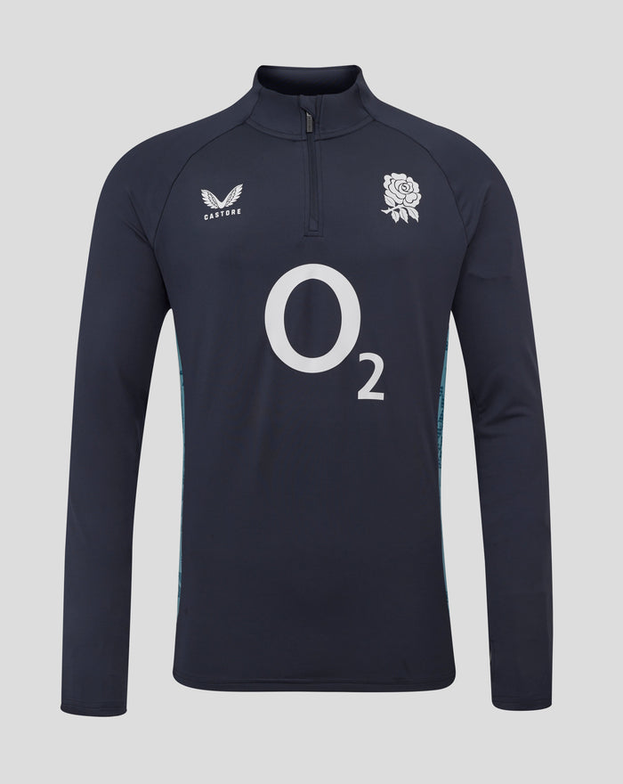 Navy England Cup performance long sleeve midlayer with funnel neck quarter zip rose crest left chest O2 center Castore right chest.