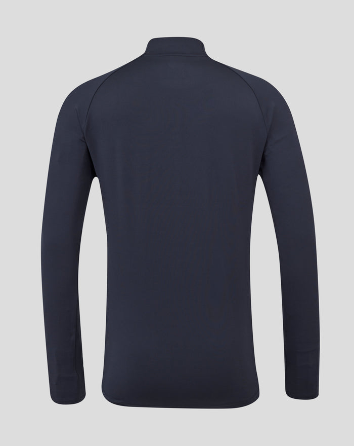 Back view of navy long sleeve midlayer top with subtle seam lines