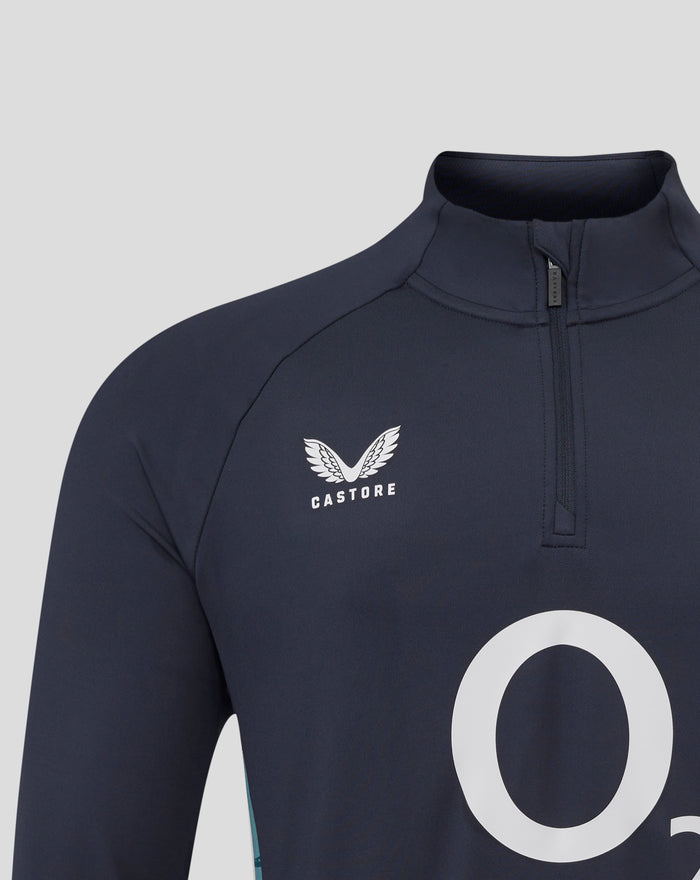 Close up of navy England Cup performance midlayer highlighting funnel neck quarter zip with rose crest on left chest and O2 logo on center.