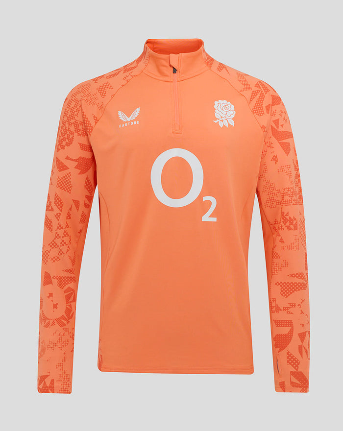 Front view of melon long sleeve midlayer with funnel neckline and quarter zip, rose crest left chest and O2 center logo.