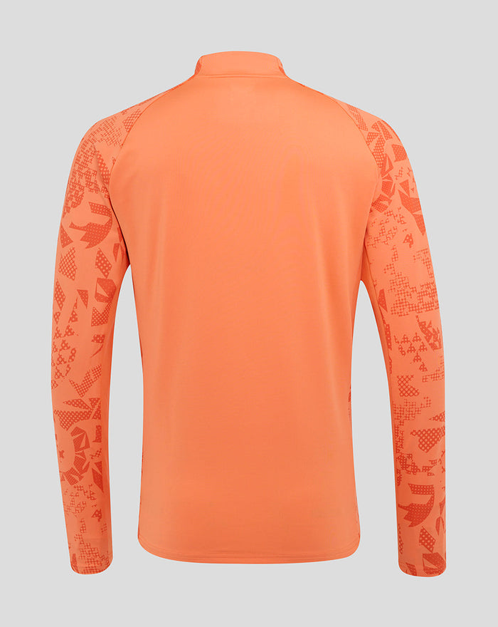 Back view of Melon England Cup long sleeve midlayer with abstract print on sleeves and side panels.