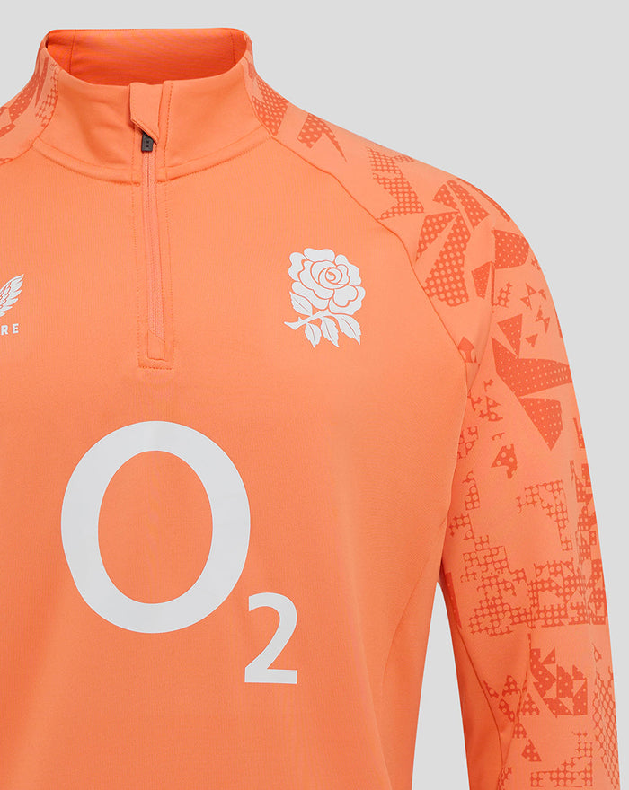 Front view of Melon England Cup midlayer with funnel neck quarter zip rose crest and O2 logo.