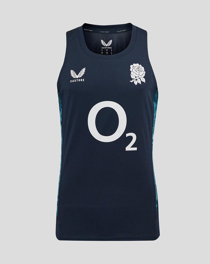 Front view of navy England Rugby sleeveless singlet with large O2 logo and side panel print